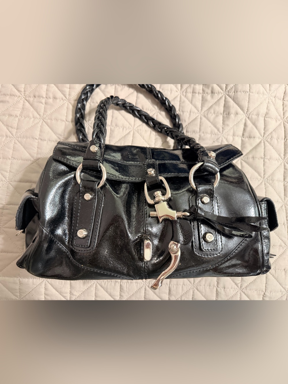 Francesco Biasia Black Patent Leather Braided-Handle Satchel - Picture 8 of 16